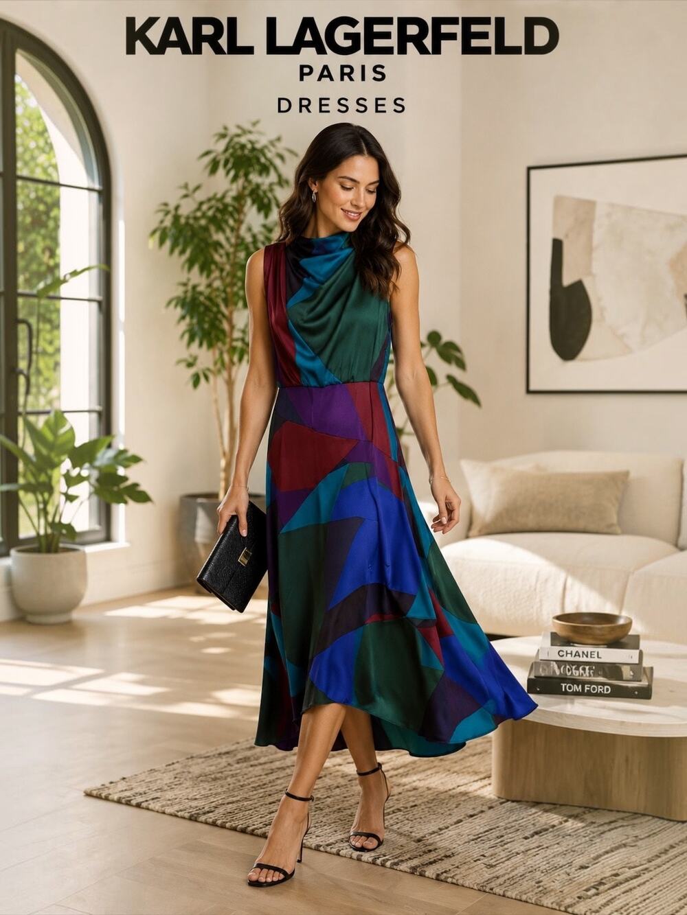 NWT Karl Lagerfeld Paris Geometric Cowl Neck Midi Dress Size 6